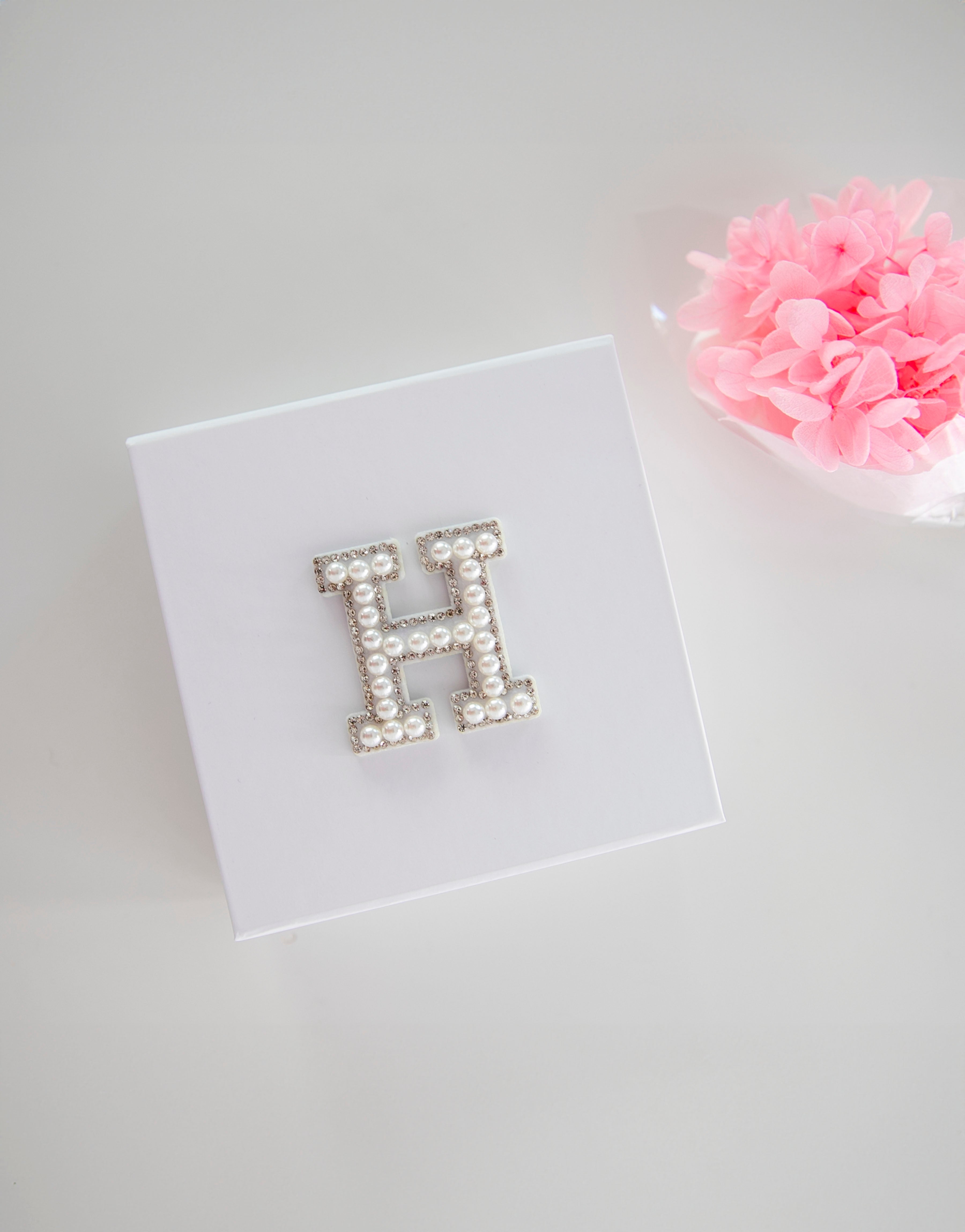 Pearl and Rhinestone Iron patch on white GIFT BOX: H initial