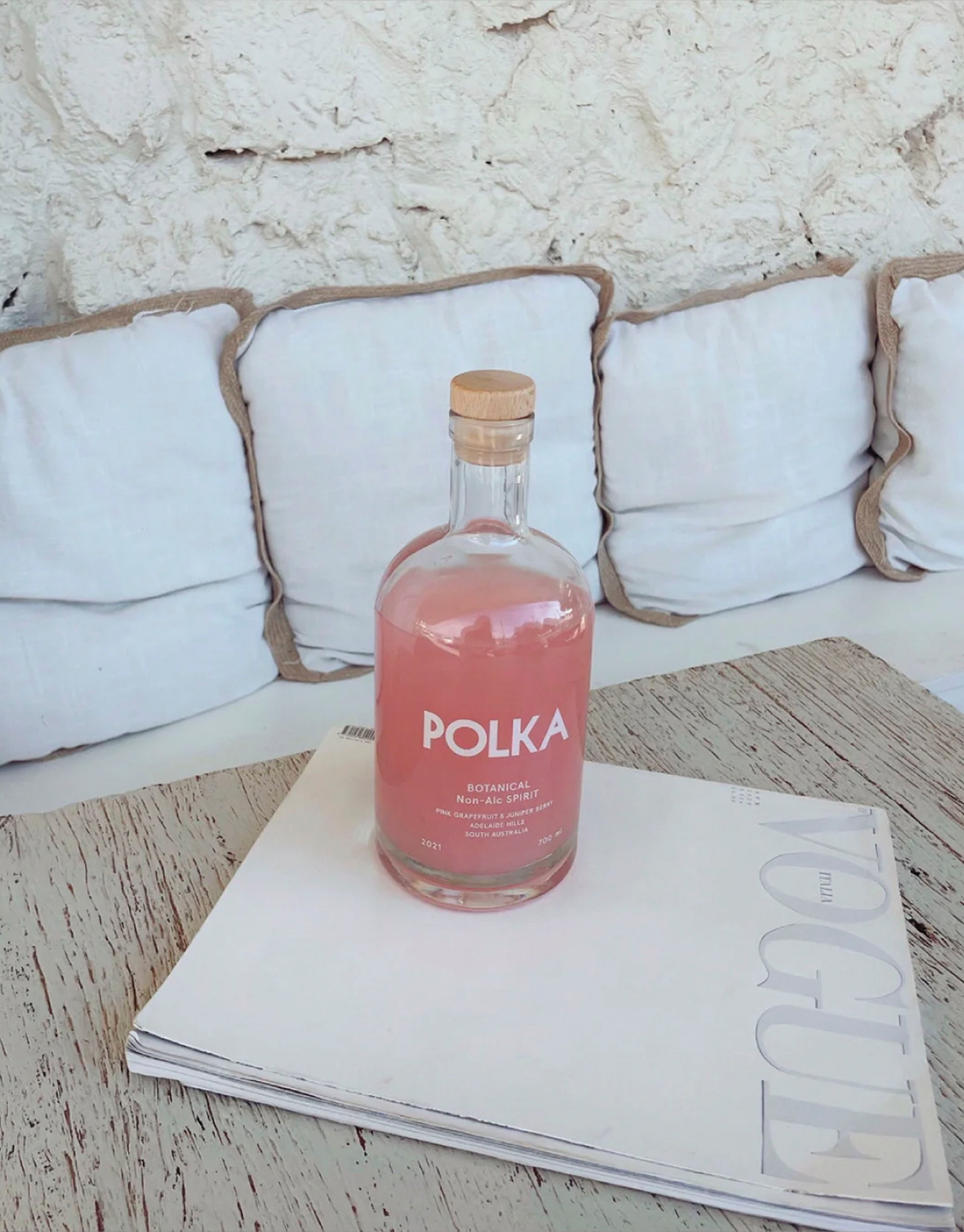 Opened bottle of non-alcoholic botanical spirit