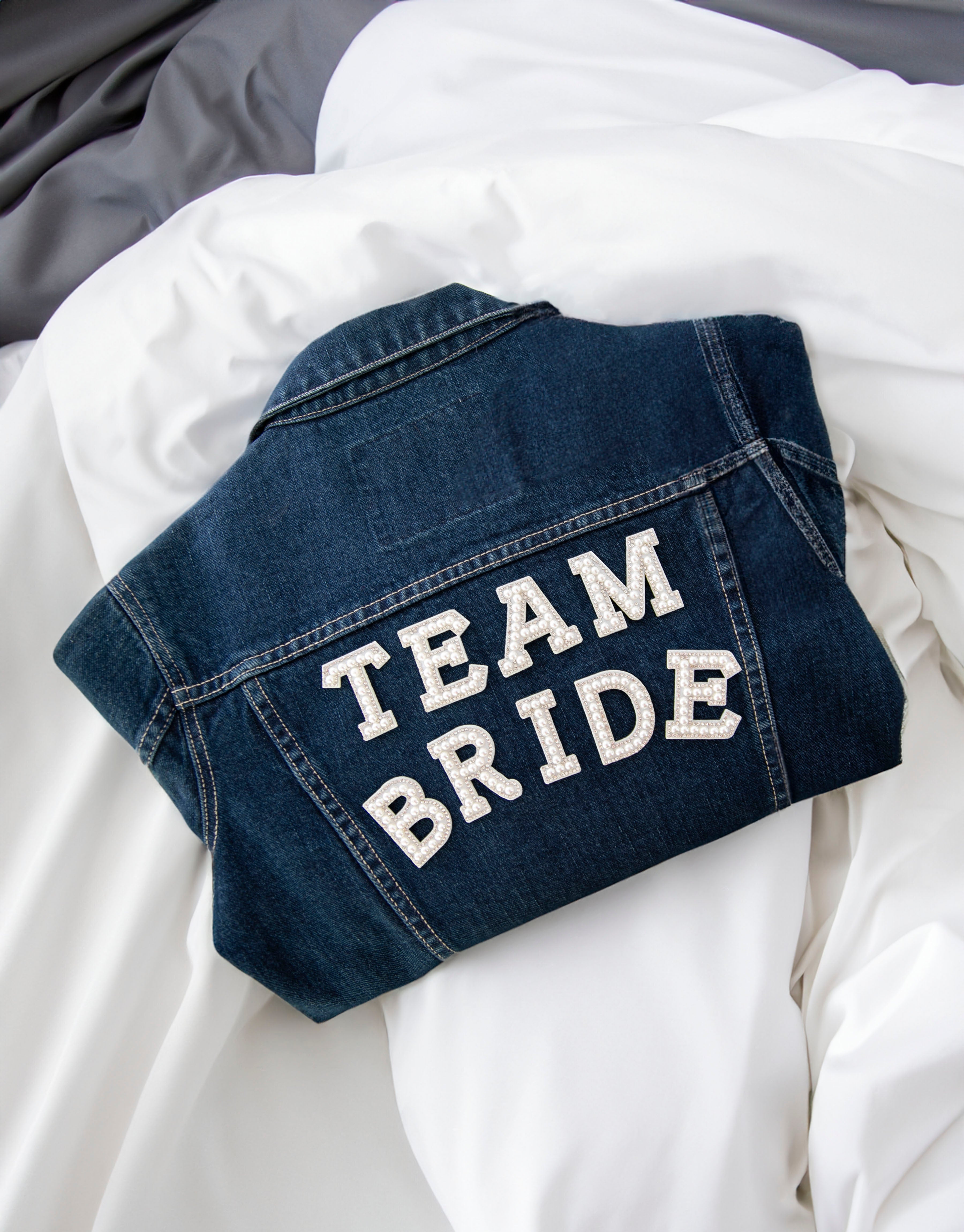 Pearl and Rhinestone Iron patch on denim jacket: Team Bride