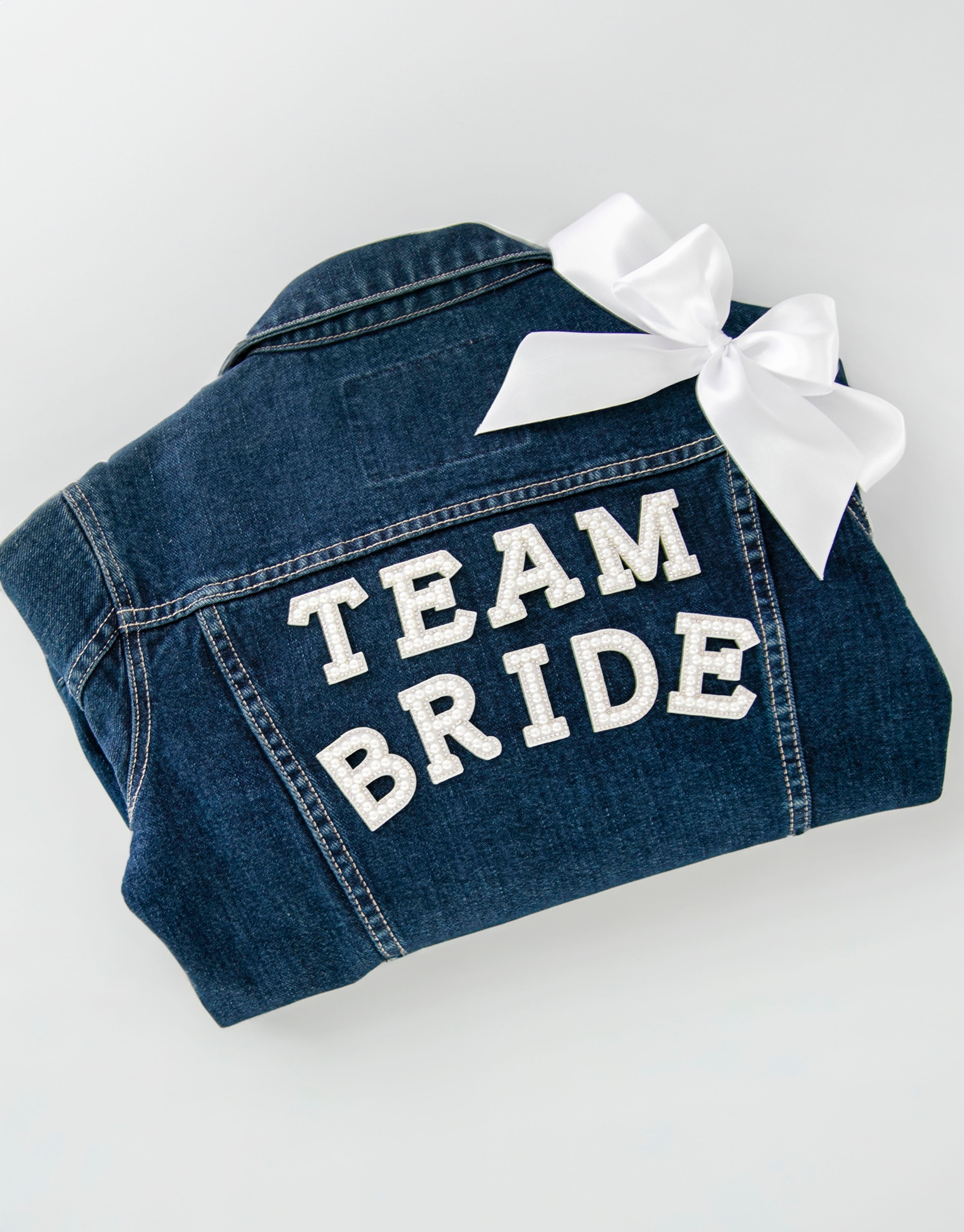 Pearl and Rhinestone Iron patch on denim jacket: Team Bride