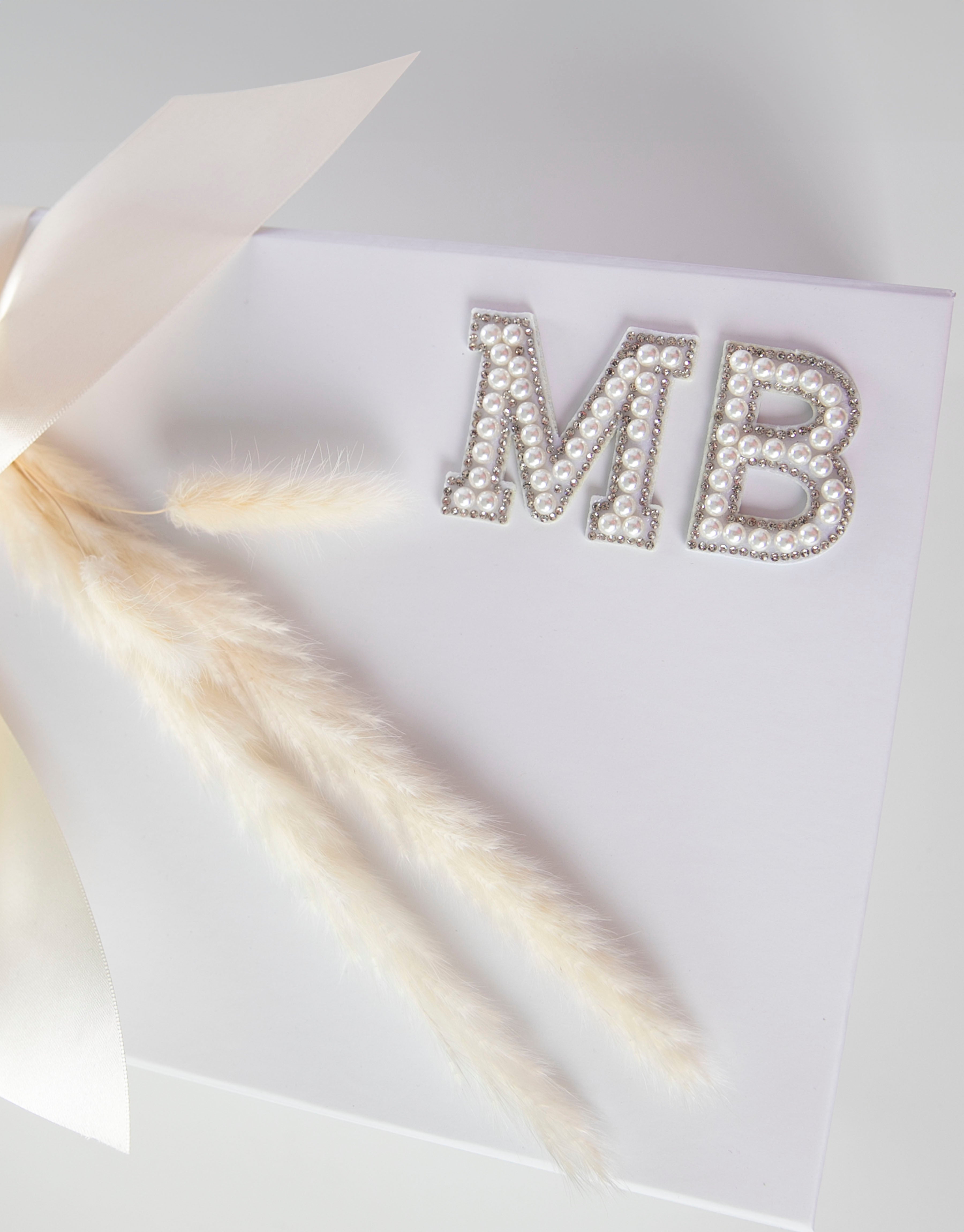 Pearl and Rhinestone Iron patch on white GIFT BOX: MB initials