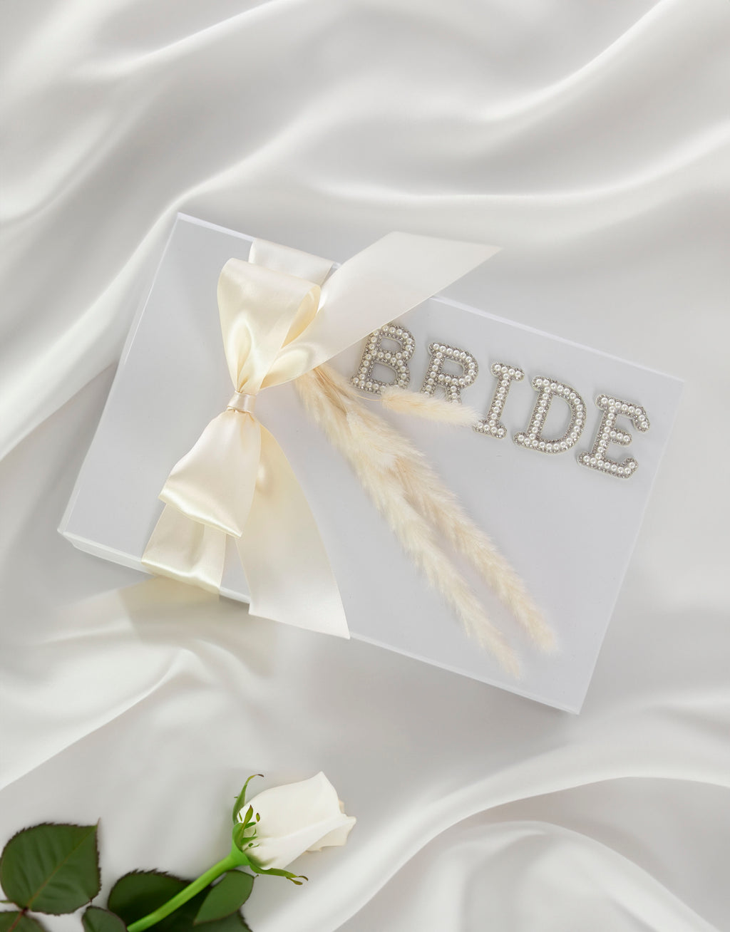 23Dreams White Gift proposal box personalised with white peals and rhinestones patches, BRIDE, wrapped in champagne Satin ribbon