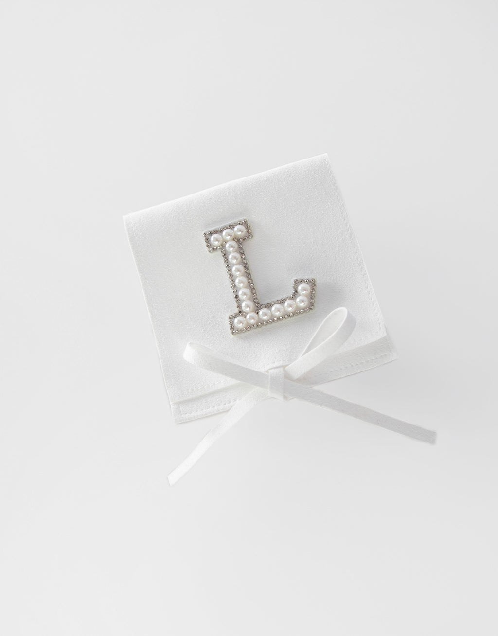 23Dreams Handmade Sueded White Pouch - Personalised with Letter "L" in white pearl and rhinestone patch