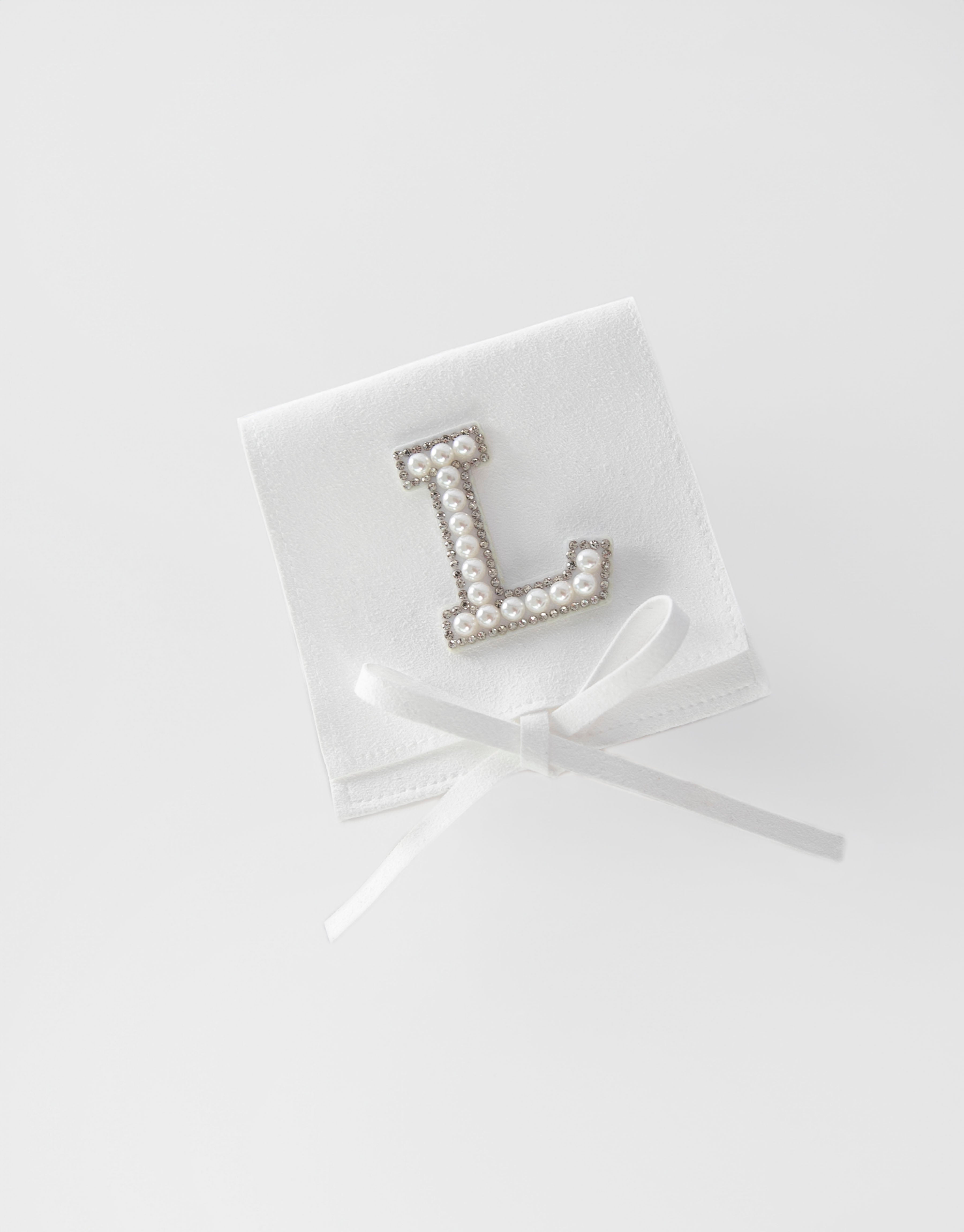 23Dreams Handmade Sueded White Pouch - Personalised with Letter "L" in white pearl and rhinestone patch