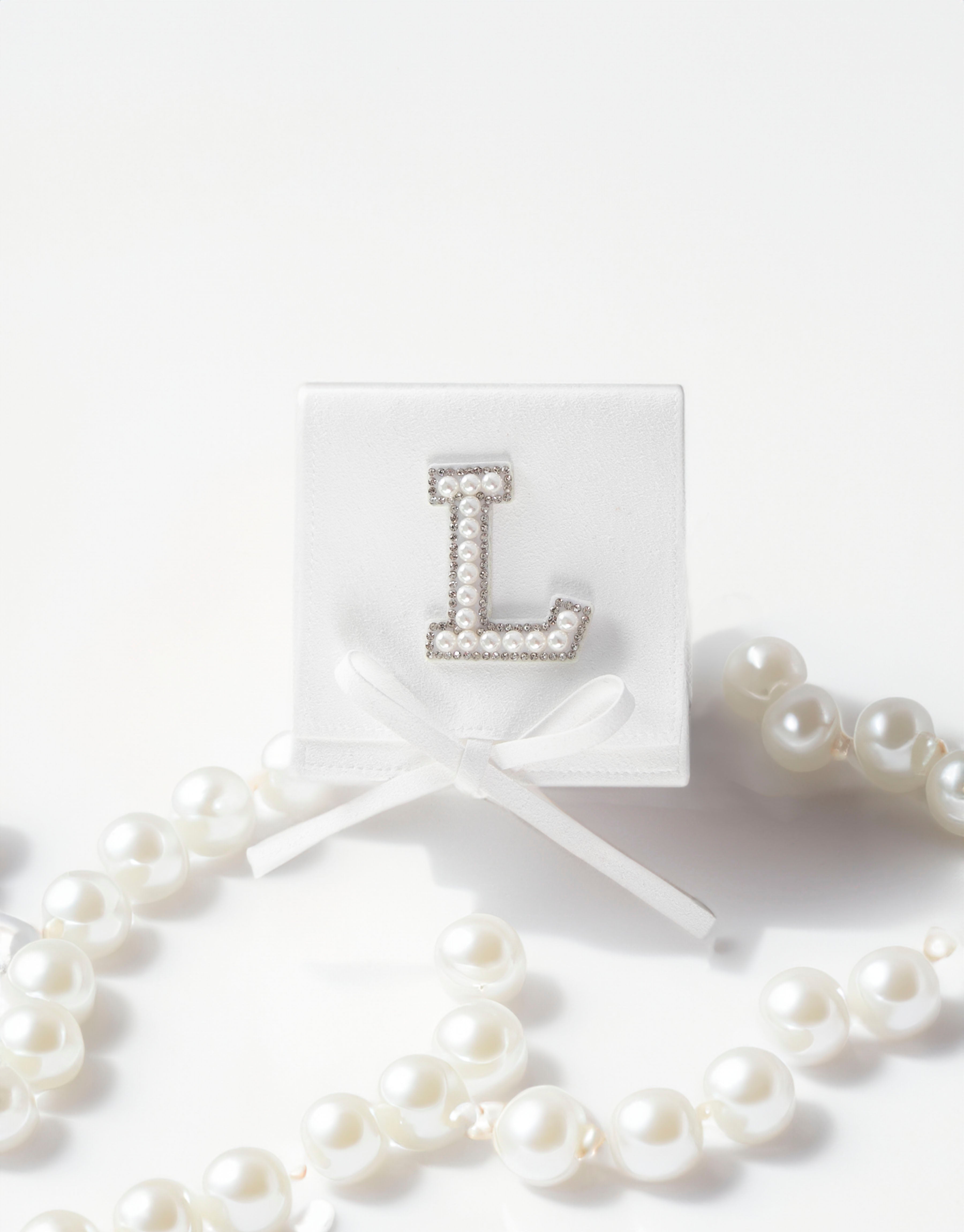 23Dreams Handmade Sueded White Pouch - Personalised with Letter "L" in white pearl and rhinestone patch