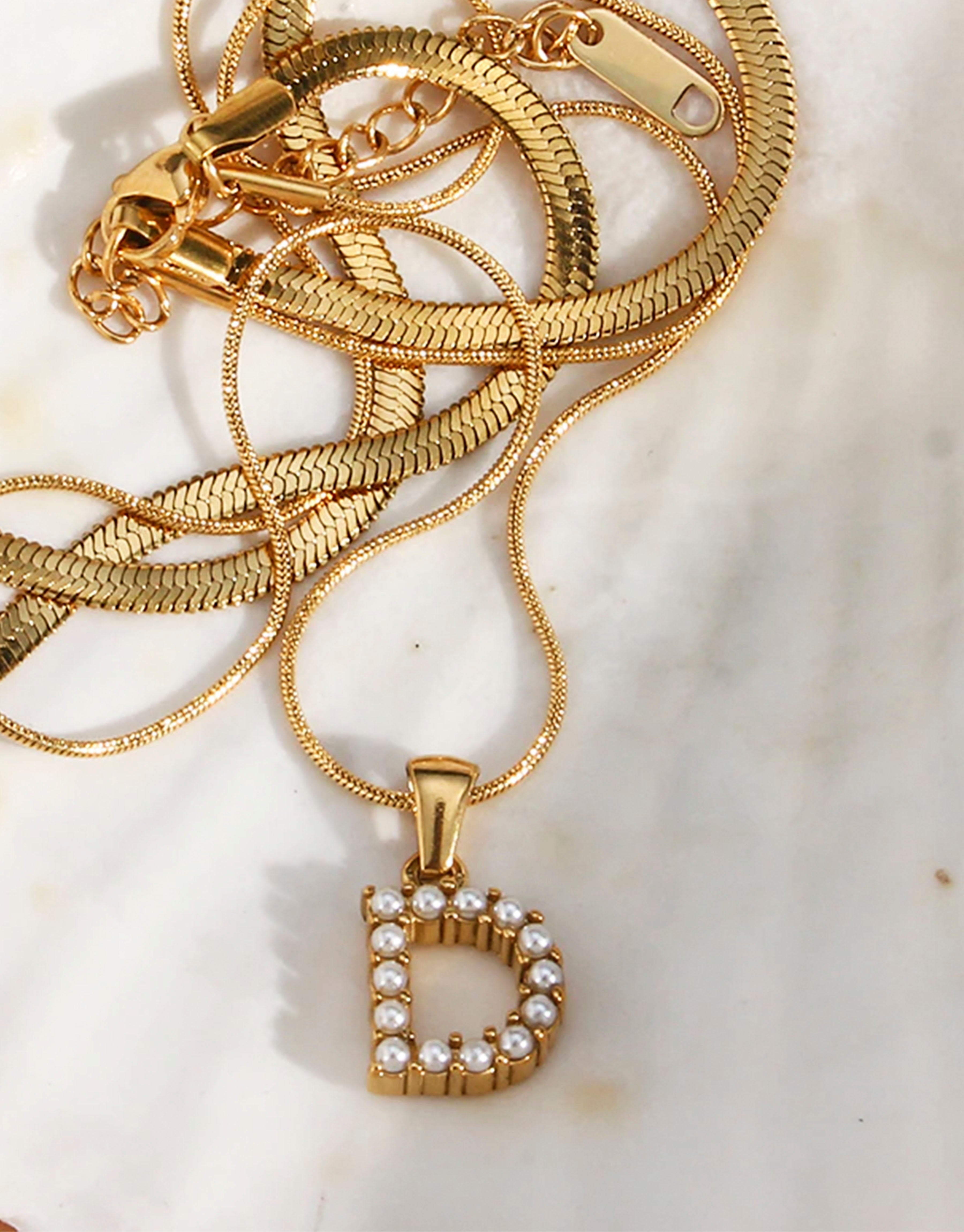Elegant 18K Gold Plated Letter D Pearl Necklace