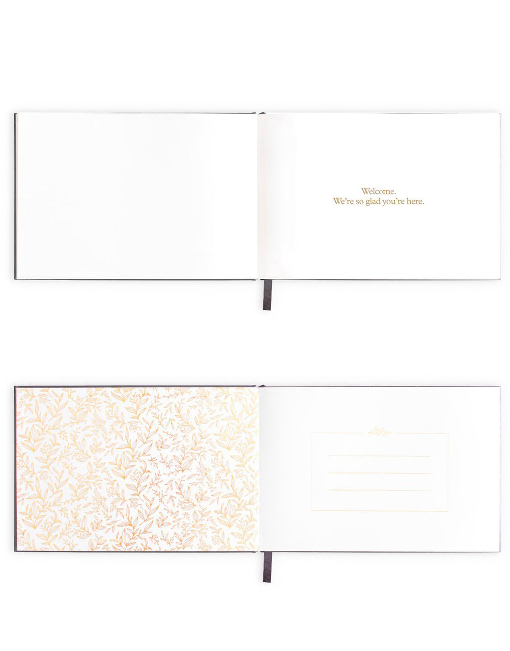 Fox & Fallow Guest Book with ivory linen box and gold foil interior.
