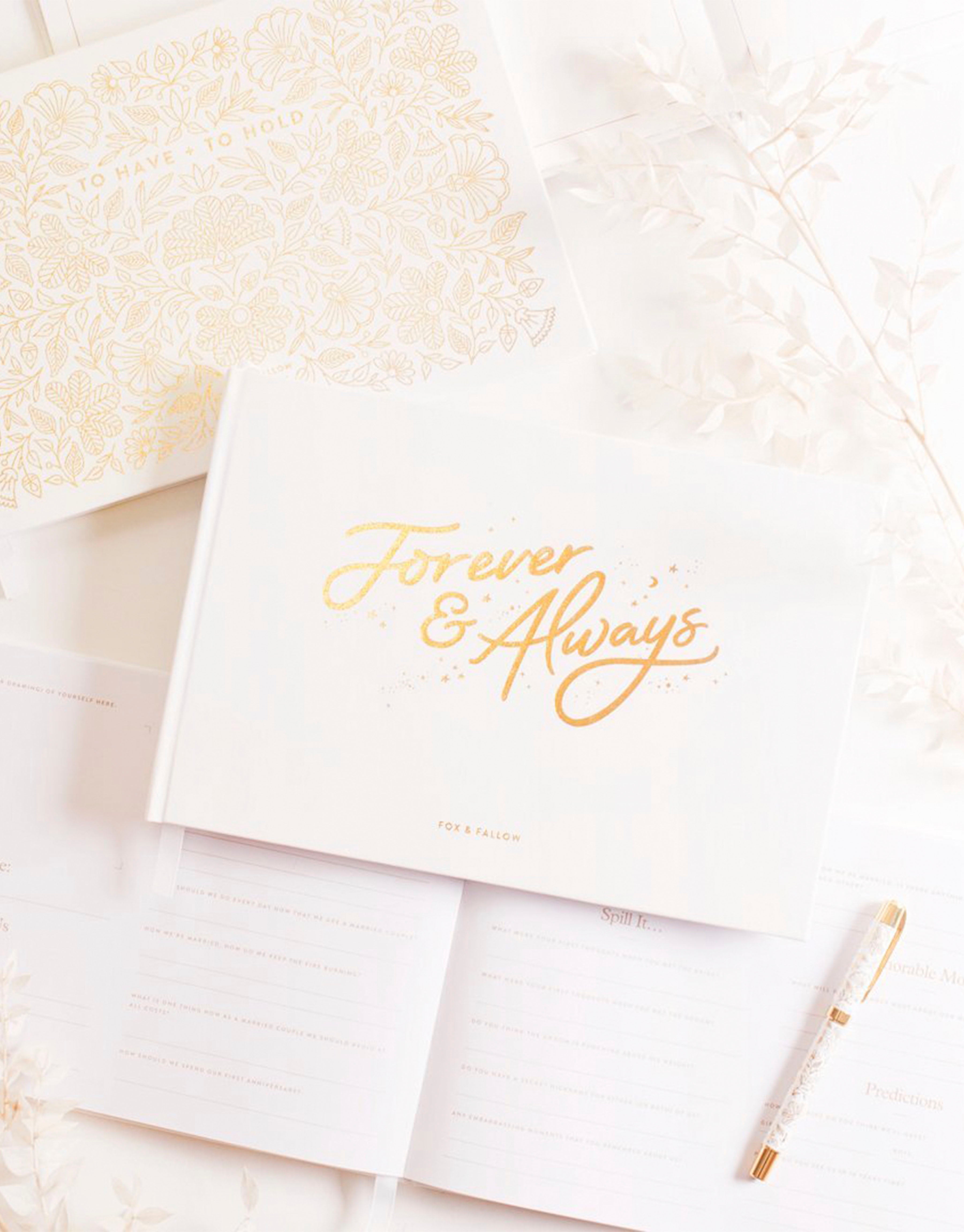 Quirky Wedding Guest Book with prompts and space for guest messages.